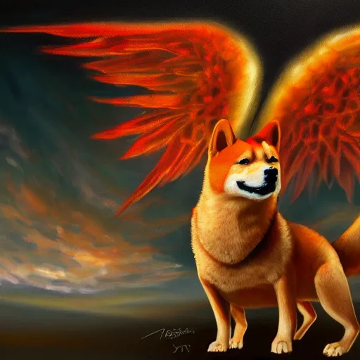 Image similar to an oil painting of a shiba inu with dragon wings, hd, artstation, 4 k wallpaper