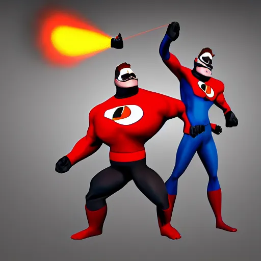 Image similar to syndrome incredibles holding the gmod physgun dynamic pose 4 k deviantart fanart cinematic shot