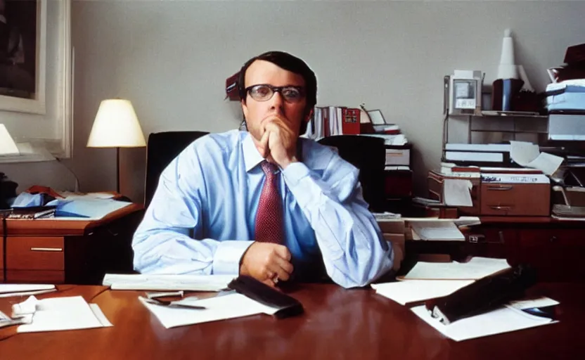 Prompt: photorealistic picture of wall street banker in his office. 8 0's style