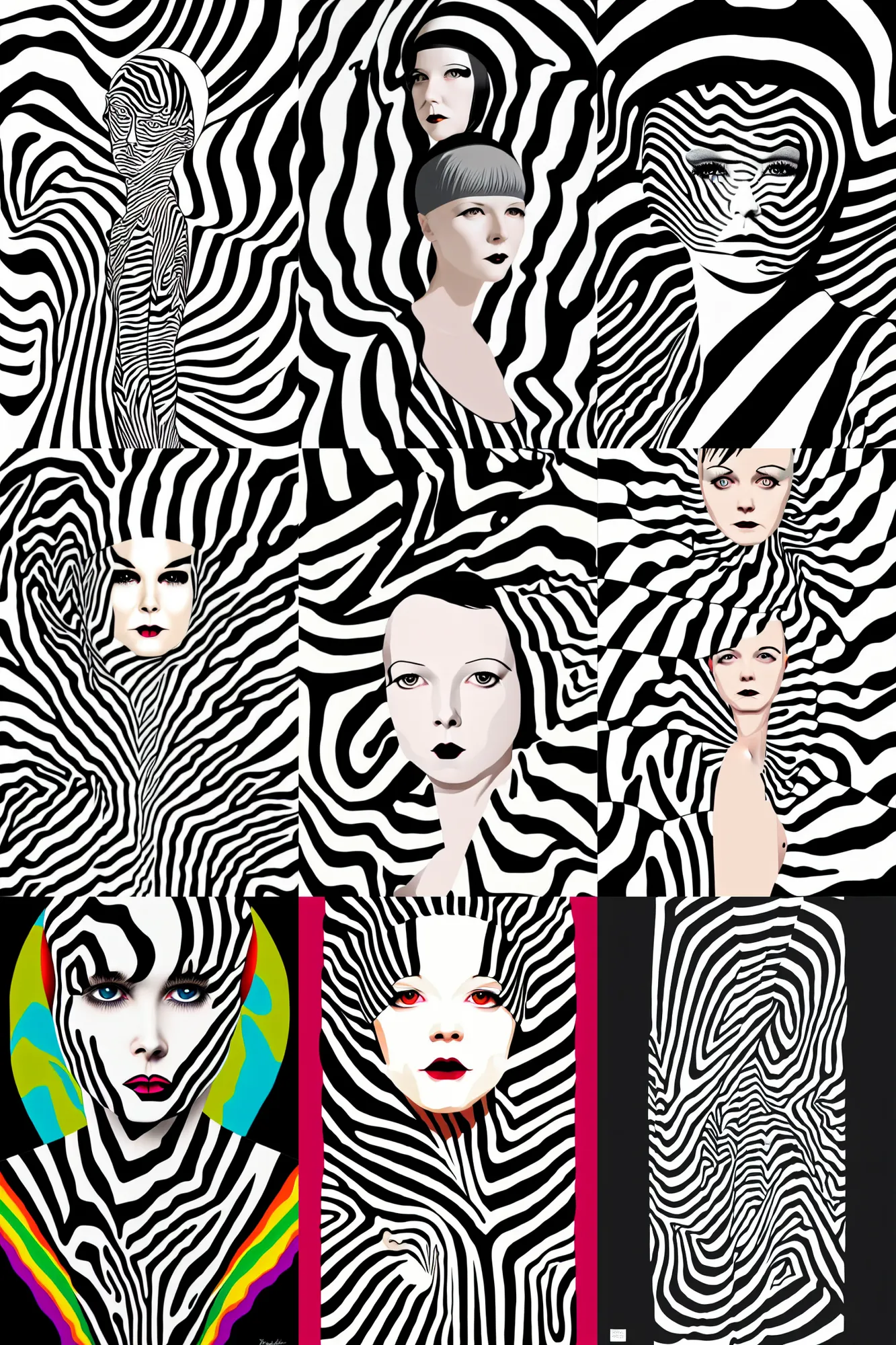 Prompt: vector portrait of 2 2 yeard old mary louise brooks, zebra op art, mcbess, ross tan, rainbow