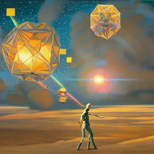 Prompt: a painting by ralph mcquarrie of floating molecules and a robot artist holding an icosahedron with stars, clouds, and rainbows in the background, trending on artstation, masterpiece, incredible details