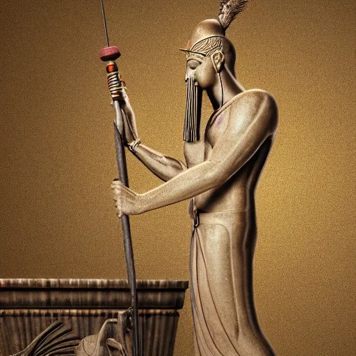 Prompt: Ancient statue of Thoth, the Ibis-headed god, marking down deeds on a papyrus with a reed, standing on a plinth , octane render, studio lighting