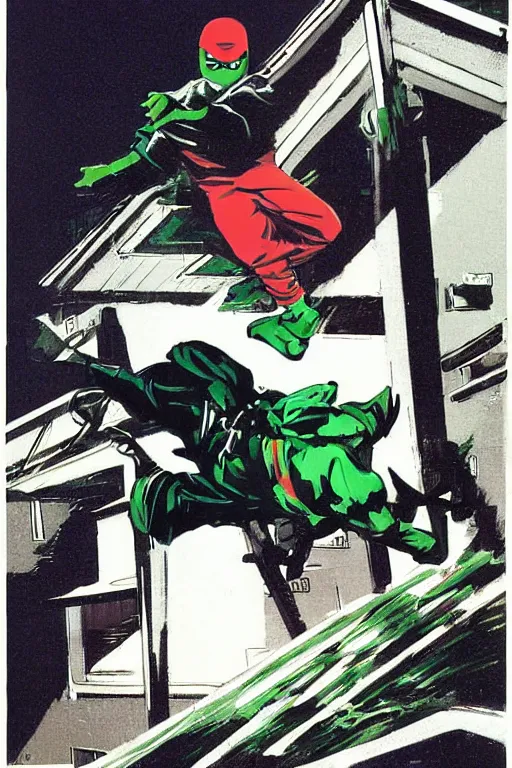 Image similar to a ninja jumping from the roof on a rainy night by syd mead, boneface, kevin eastman