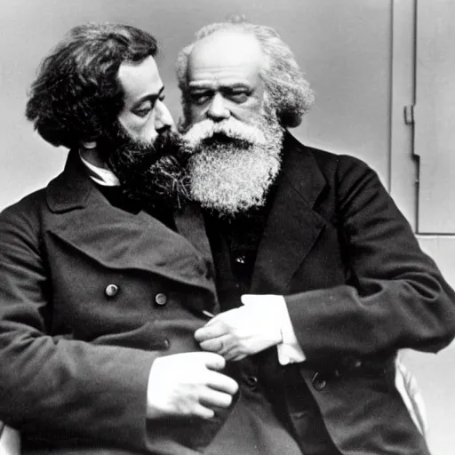 Image similar to Karl Marx and Sigmund Freud kissing, 1920, Bedroom backround