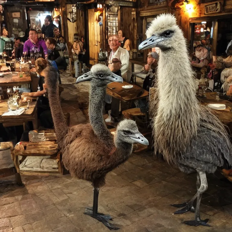 Image similar to an emu in the middle of a crowded halfling tavern