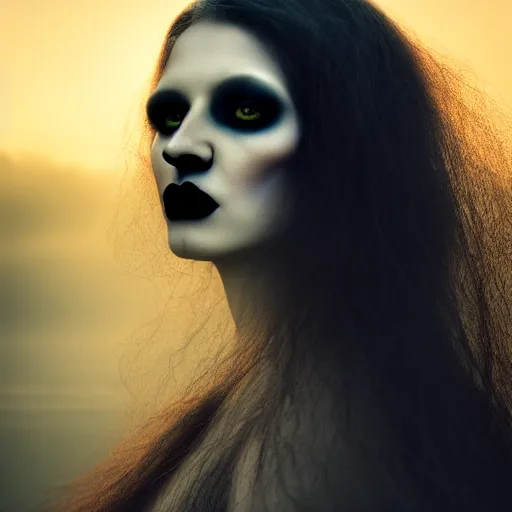 Image similar to photographic portrait of a stunningly beautiful goth scary eerie ghost female in soft dreamy light at sunset, contemporary fashion shoot, by edward robert hughes, annie leibovitz and steve mccurry, david lazar, jimmy nelsson, breathtaking, 8 k resolution, extremely detailed, establishing shot, artistic, hyperrealistic, perfect face, octane render