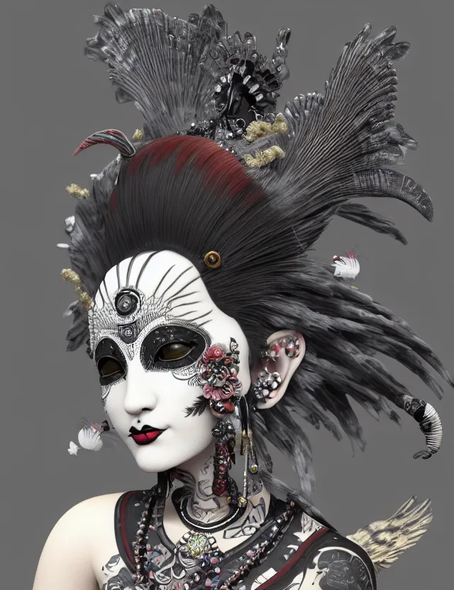 Image similar to 3 d goddess close - up profile portrait punk with mohawk in victorian style with ram skull. beautiful intricately detailed japanese crow kitsune mask and clasical japanese kimono. betta fish, jellyfish phoenix, bio luminescent, plasma, ice, water, wind, creature, artwork by tooth wu and wlop and beeple and greg rutkowski