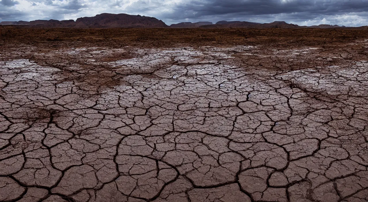 Prompt: Massive raindrops falling into dried up river in the desert, hyper detailed photorealistic, dramatic lighting, global warming, blue cloudless sky