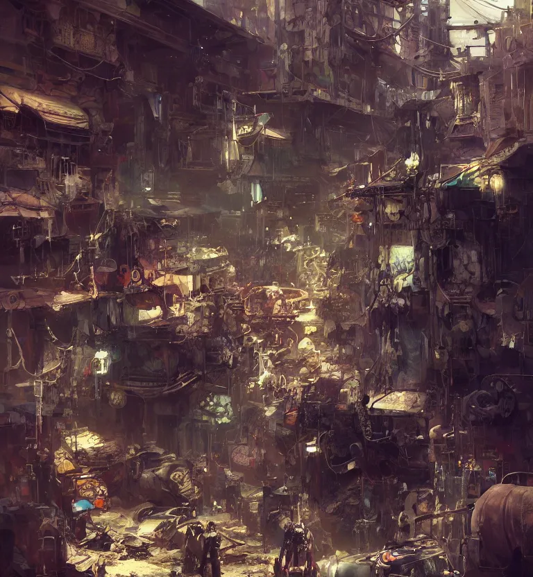 Image similar to a painting of death dealer junkyard cyberpunk, by jeremy mann, krenz cushart, artem demura, alphonse mucha, intricate, elegant, highly detailed, digital painting, artstation, concept art, smooth, sharp focus, illustration, art