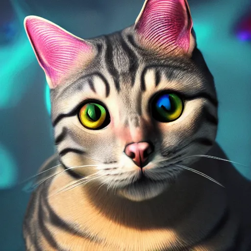 Prompt: photorealistic cat with reptilian features. hyperdetailed photorealism, 1 0 8 megapixels, amazing depth, high resolution, 3 d shading, 3 d finalrender, 3 d cinematic lighting, glowing rich colors, psychedelic overtones, artstation concept art.