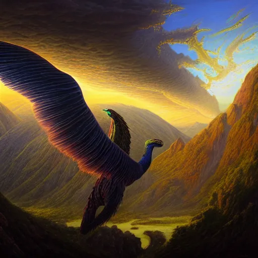 Image similar to of an impossible landscape with a infinite multi dimension portal, a beautiful ultradetailed matte painting of Quetzalcoatl flying over a lush mountain range at dusk by tomasz alen kopera and Justin Gerard and Dan Mumford, tarot card, dazzling energy, ultra wide angle shot, high angle shot, intricate, fractal magic, rays of god, hyperdetailed, micro details, volumetric lighting, 8k, ray tracing, polarized lens