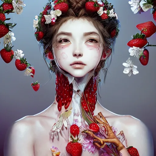 Image similar to the portrait of an absurdly beautiful, graceful, elegant, sophisticated, fashionable young gravure idol made of strawberries and white petals, an ultrafine hyperdetailed illustration by kim jung gi, irakli nadar, intricate linework, bright colors, octopath traveler, final fantasy, unreal engine 5 highly rendered, global illumination, radiant light, detailed and intricate environment