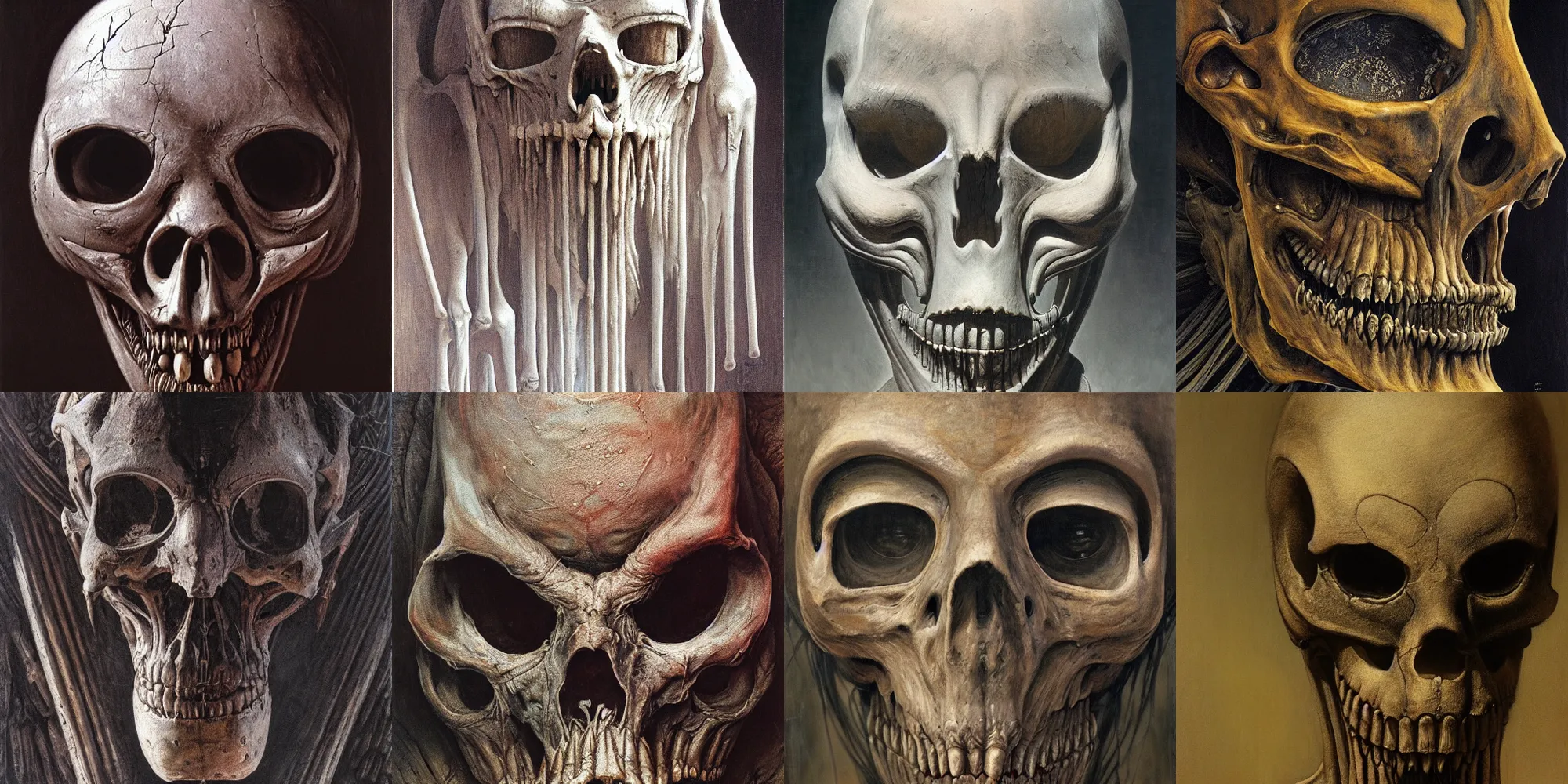 Prompt: closeup Skeletal mask by h.r giger, giger, Zdzislaw Beksinski,nekro, highly detailed, soft lighting, 8k resolution, oil on canvas