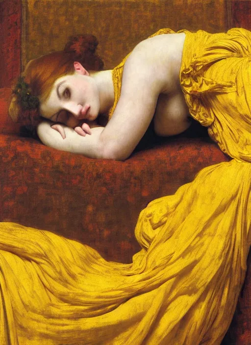 Image similar to masterpiece portrait of lady reclining on spilling flowing bed wearing yellow ochre ornate medieval dress, vertical, foreshortening, colour photography by frederic leighton, william morris, 8 k