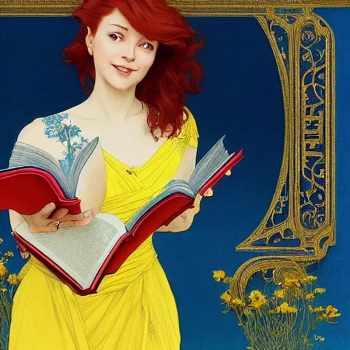 Image similar to a smiling beautiful woman with short red hair wearing a yellow dress and reading a book, blue eyes, masterpiece, intricate, elegant, highly detailed, digital painting, artstation, concept art, smooth, sharp focus, illustration, art by artgerm and greg rutkowski and alphonse mucha and uang guangjian and gil elvgren and sachin teng, symmetry!!