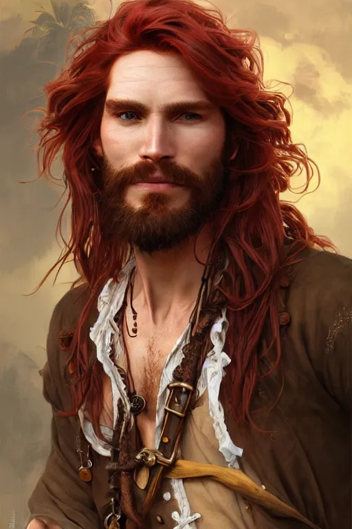 Image similar to portrait of a young ruggedly handsome but joyful pirate, male, masculine, full body, red hair, waist long hair, d & d, gold earring, fantasy, intricate, elegant, highly detailed, digital painting, artstation, concept art, matte, sharp focus, illustration, art by artgerm and greg rutkowski and alphonse mucha