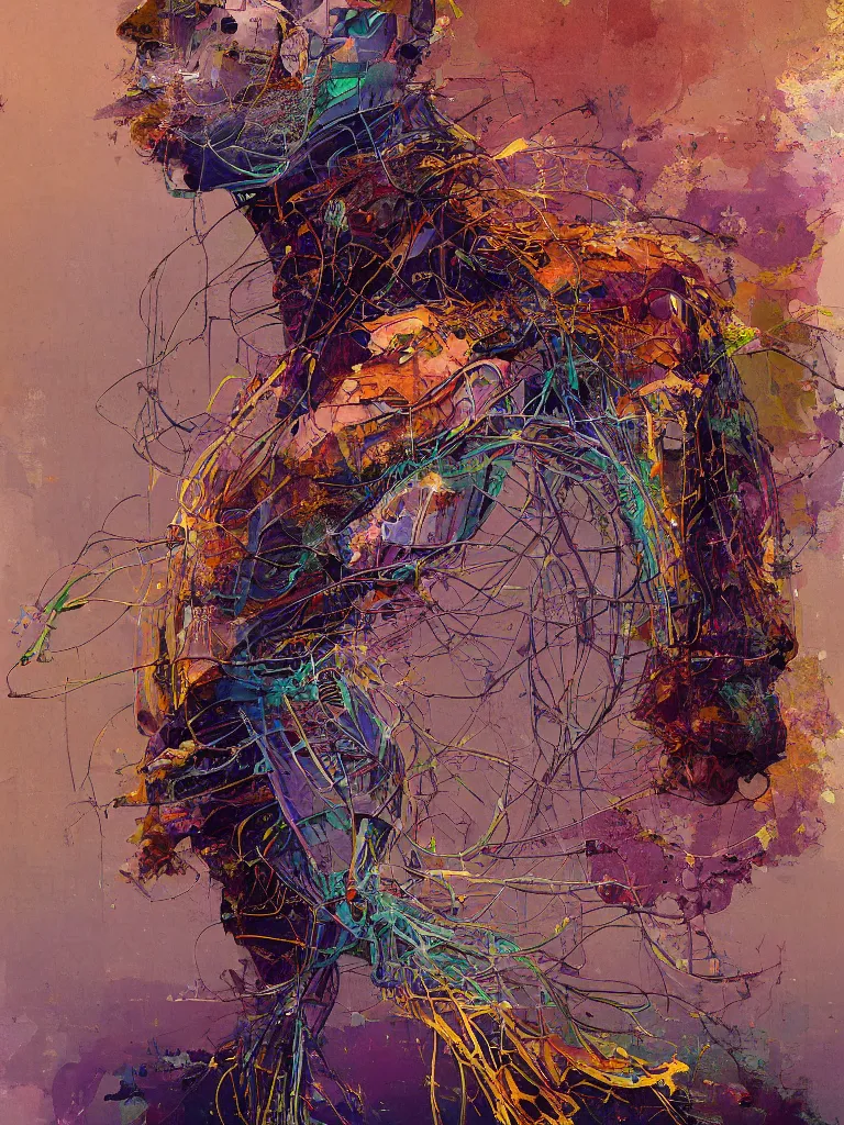 Image similar to a beautiful glitched painting by robert proch of an anatomy study of the human nervous system on colored square shapes by atelier olschinsky, color bleeding, pixel sorting, copper oxide and rust materials, brushstrokes by jeremy mann, cold top lighting, pastel purple background