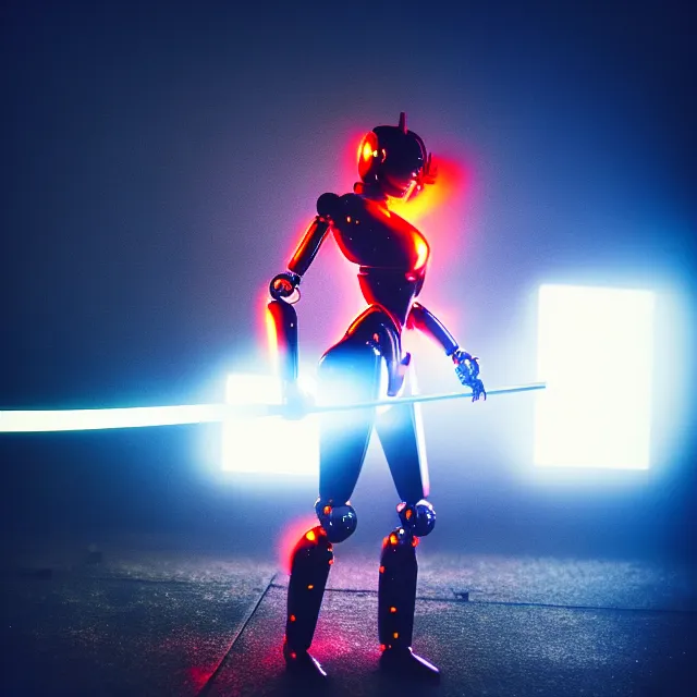 Prompt: robot woman fire dance holding katana, detailed pose energy, shibuya prefecture, cinematic lighting, fog mist smoke, photorealistic, night photography by tomino - sama