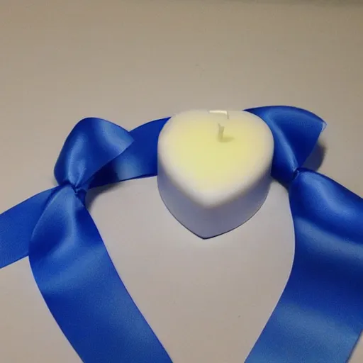 Prompt: heart shaped candle with blue ribbon, photorealistic, ultradetailed