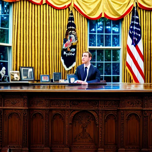 Image similar to Mark Zuckerberg the president of the united states sitting in the oval office, closeup, EOS-1D, f/1.4, ISO 200, 1/160s, 8K, RAW, unedited, symmetrical balance, in-frame, Photoshop, Nvidia, Topaz AI