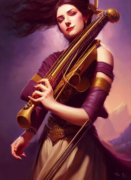 Image similar to a _ fantasy _ style _ portrait _ painting _ of female charismatic bard playing instrument, rpg dnd oil _ painting _ unreal _ 5 _ daz. _ rpg _ portrait _ extremely _ detailed _ artgerm _ greg _ rutkowski _ greg