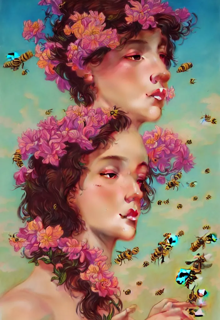 Prompt: young beautiful woman, french art, woman, gorgeous face, vaporwave aesthetic, synthwave, colorful, psychedelic, artstation, flowers, bees, smooth, extremely sharp detail, finely tuned detail, 8 k, unreal engine 5, ultra sharp focus, illustration, art by artgerm and greg rutkowski and alphonse mucha