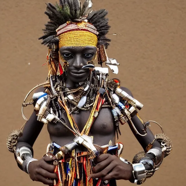 Image similar to a beautiful cyborg made of african ceremonial maske