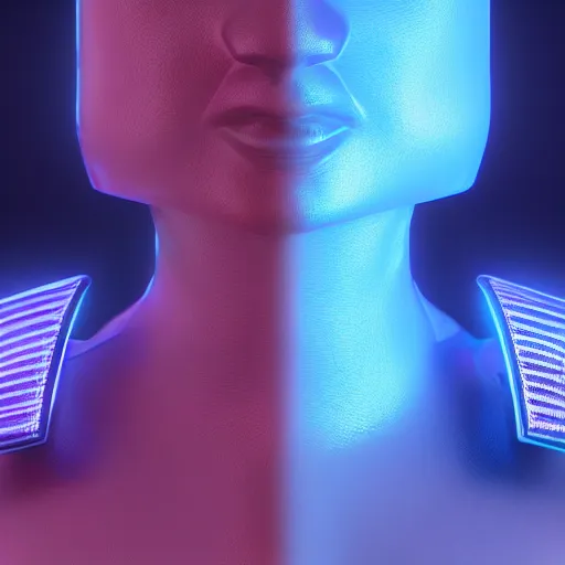 Image similar to hyperrealistic 3 d render of a colorful bust of knight with futuristic fashion elements created by ludvig holmen, brilliantly colored, kingdoms of ether, octane render, 3 d animated, unreal engine 5, volumetric lighting, hdr, cinematic atmosphere, smooth surface, 8 k