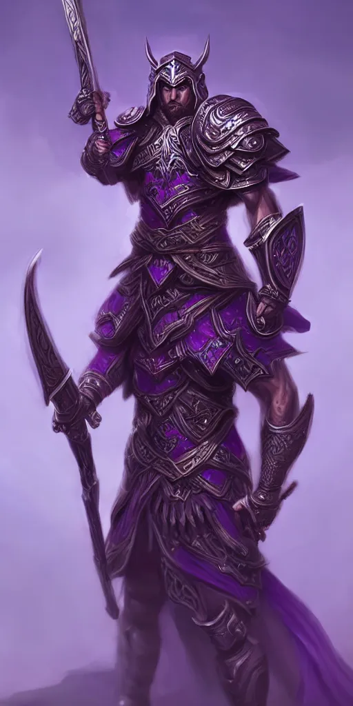Image similar to male warrior, intricate purple full plate, rpg d&d, fantasy, intricate, elegant, highly detailed, digital painting, artstation, concept art, smooth, sharp focus, illustration
