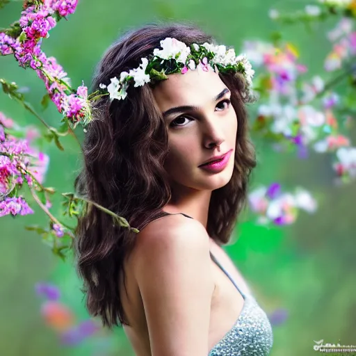 Image similar to fine art photo of the beauty gal gadot, she is posing while maintain a sweet eye contact to the camera, she has a crown of flowers, the photo was taken at sunrise with a bokeh effect, by ellie victoria gale, photorealistic, matte painting, hyper realistic, 4 k, 8 k, cinematic composition, hd, highly detailed, trending on artstation