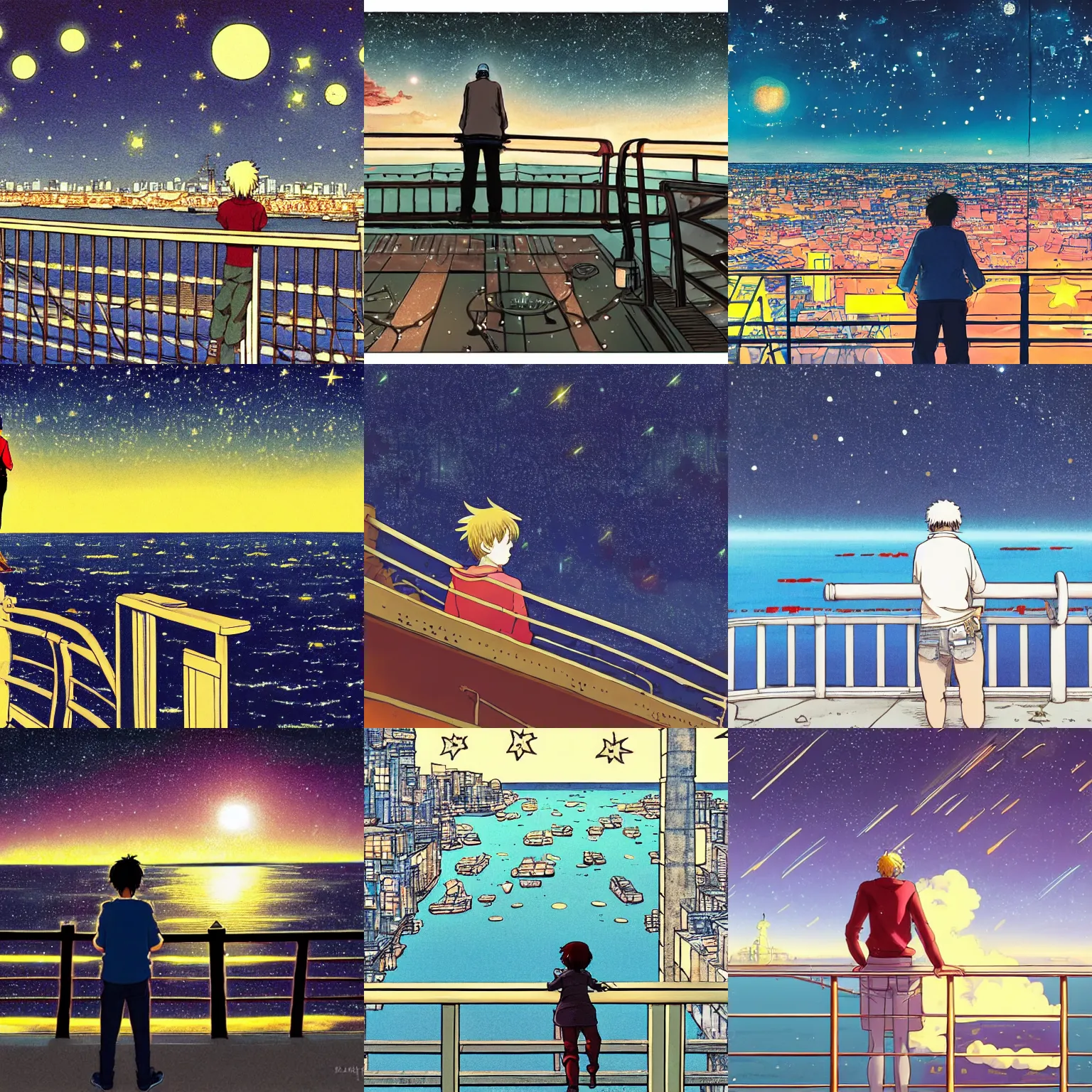 Prompt: Person leaning on a ship railing looking out at a seaside town with a clear starry sky above, anime, by Katsuhiro Otomo, highly detailed, city, nightime, stars above a town