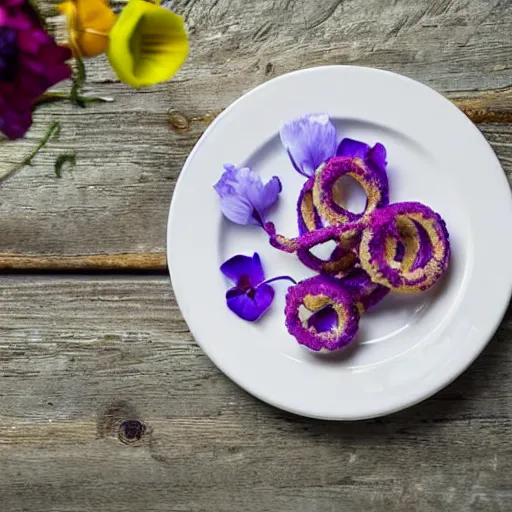 Prompt: Onion rings served with edible flowers, recipe photograph