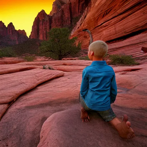 Prompt: award winning cinematic still of a young boy praying in zion national park, rock formations, colorful sunset, epic, cinematic lighting, dramatic angle, heartwarming drama directed by Steven Spielberg