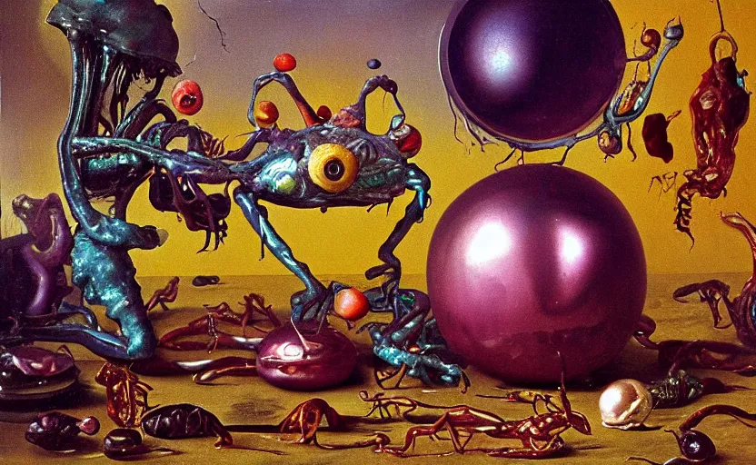 Image similar to terrifying alienbody, lurid colorful oil painting dutch golden age vanitas still life balanced composition with malignant objects strange gooey transparent surfaces shiny metal reflections bizarre mutant meat insects rachel ruysch dali todd schorr very detailed perfect composition rule of thirds masterpiece canon 5 0 mm, cinematic lighting, photography, retro, film, kodachrome