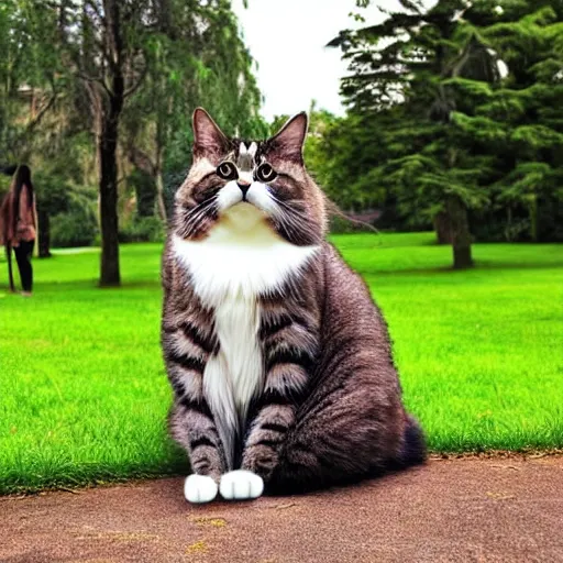 Image similar to giant! cat larger than trees with fur overwhelmingly ( very very fluffy! ) giant! puffy fur in a park drone picture