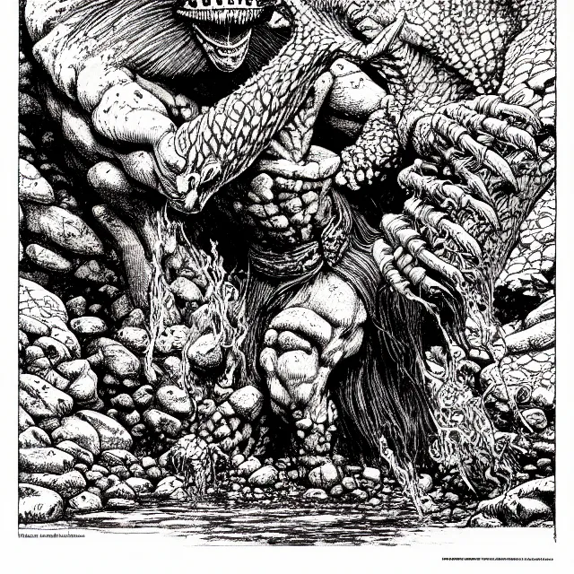 Image similar to オクタロック spitting rocks, as a d & d monster, pen - and - ink illustration, etching, by russ nicholson, david a trampier, larry elmore, 1 9 8 1, hq scan, intricate details, high contrast