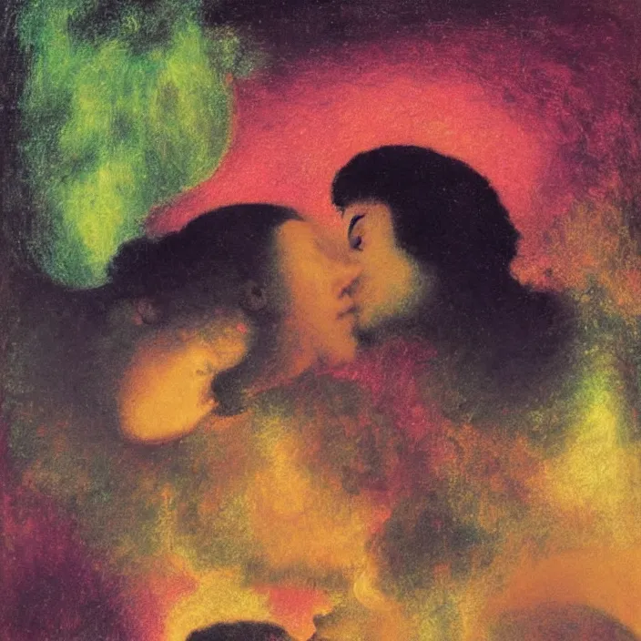 Prompt: close portrait of woman and man kissing. aurora borealis. iridescent, vivid psychedelic colors. painting by titian, agnes pelton, utamaro, monet