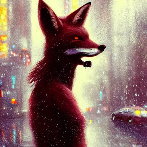 Image similar to beautiful portrait of a female anthro fox, smoking a cigarette in the rain, in crowded and wet street of a city, melancholic, cyberpunk, harsh neon lights, highly detailed, deep shadows, digital painting, shallow depth of field, illustration, art by sakimichan and greg rutkowski