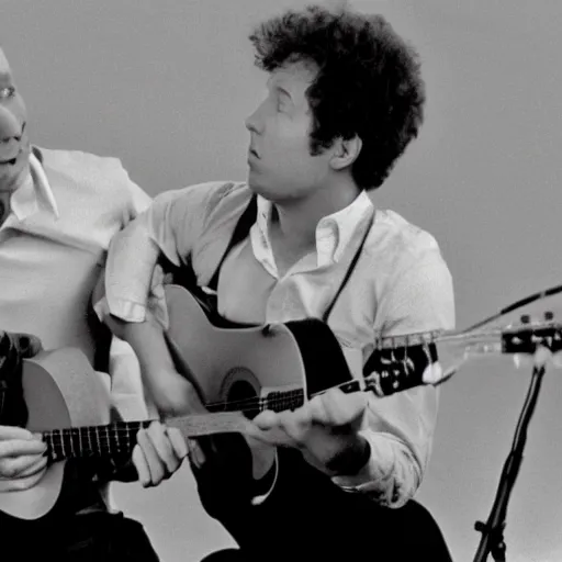 Prompt: film still of simon and garfunkel, black and white