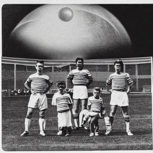 Image similar to vintage photo of a family of anthropomorphized lizards, dressed as Argentinian soccer players, with an exploding planet in the background