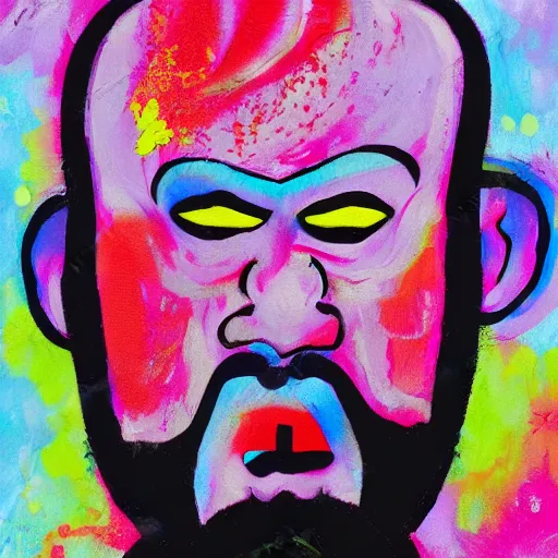 Image similar to colorful abstract painting of maniac bald man with brown beard stretching face with hands