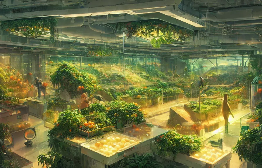 Image similar to concept art of a lush indoor hydroponics lab in a far - future utopian city, apples oranges pears fruit, key visual, ambient lighting, highly detailed, digital painting, artstation, concept art, sharp focus, by makoto shinkai and akihiko yoshida and hidari and wlop