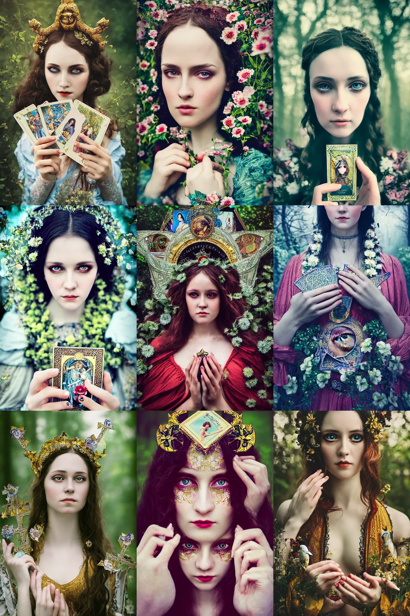 Prompt: Kodak Portra 400, 8K, highly detailed, major arcana art nouveau Agnieszka Lorek tarot star card style 3/4 extreme closeup portrait, eye contact, focus on model, tilt shift background: famous major arcana tarot remake, transformation scene