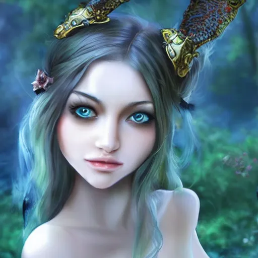 Image similar to beautiful girl in a fantasy world, realistic, highly detailed