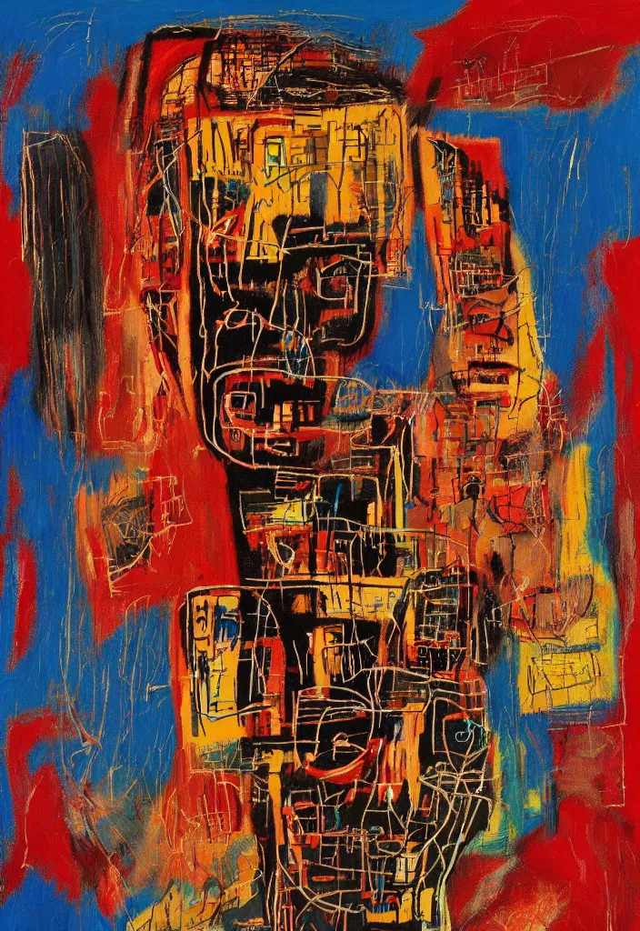 Prompt: radio over the head in the style of jean michel basquiat, beksisnski, and pablo picasso