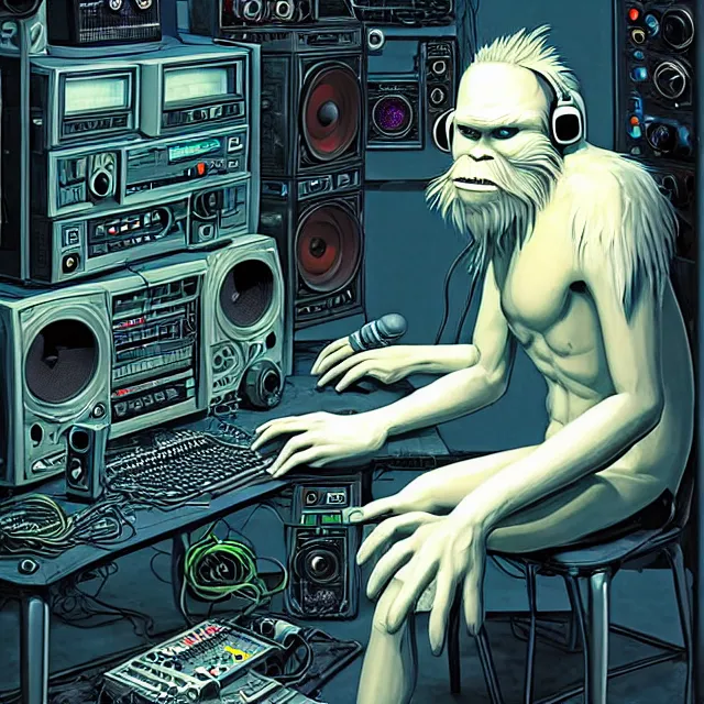 Image similar to a portrait of an anthropomorphic cyberpunk yeti podcasting while working in his secret electronics lab, detailed render, tape deck, microphone, boombox, headphones, epic composition, cybernetics, 4 k realistic, cryengine, realistic shaded lighting, sharp focus, masterpiece, by matteo scalera, gary montalbano, peter elson in the style of the tokyo ghost comic