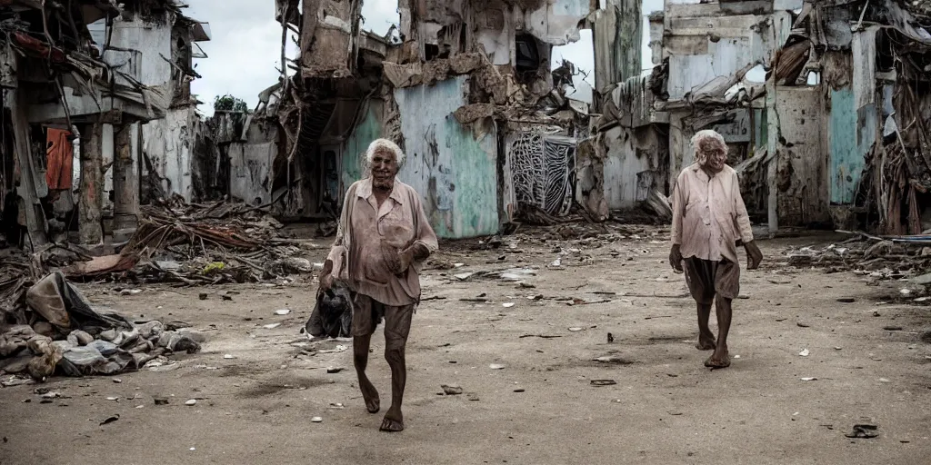 Image similar to an old man in rags wandering in the ruins of a post apocalyptic sri lankan city, with various animals around him