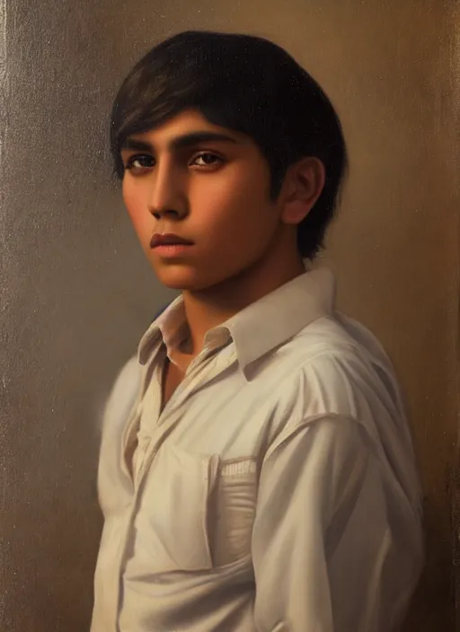 Image similar to portrait of a handsome mexican boy in old jalisco, painting by manuel sanjulian and tom bagshaw, oil on canvas, hyperrealism