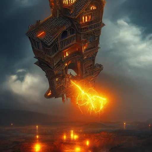 Image similar to a flying steampunk fortress, intricate, behrens style, octane render, fantasy digital art, beautiful composition, trending on artstation, night, meteors, lightning!!! storm, dramatic lighting, red glow, eldritch