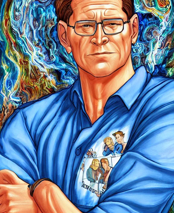 Image similar to hank hill wearing bluejeans and white tshirt, the god of propane's blue flames, blue fire, biblical painting, art by mike judge, art by josephine wall, art by amanda sage, art by huang guangjian, art by viktoria gavrilenko, trending on artstation